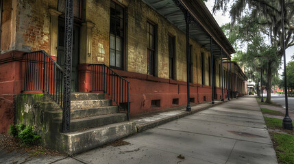 Historic Building Facade With Worn Paint And Porch
