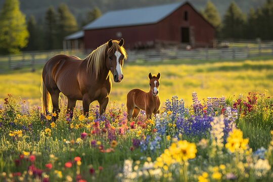 A horse and foal standing in a field of colorful wildflowers with a barn in the background at sunset