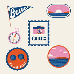 Set of travel stickers in retro style. Vintage collection of isolated badges and stamps in flat style. Nostalgia of 70s, 80s	