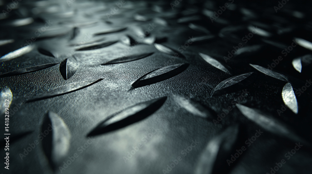 Poster close-up of dark gray metallic surface with diamond plate texture, showing depth and shadow, ideal f