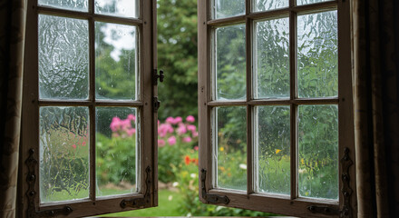 Rainy window view with open wooden frames and colorful garden outside