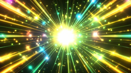 Naklejka premium Colorful beams radiate from a bright central point, dynamic abstract design.