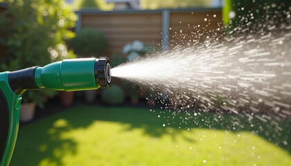 Garden hose nozzle spraying water with sunlight reflecting in a lush garden
