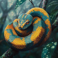 Fototapeta premium Exotic forest snake resting peacefully on lush green branch high resolution picture