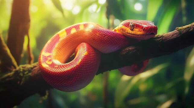 Vivid scales of forest snake glowing on tree branch high resolution picture