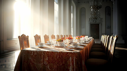 Formal Grand Dining Room With Golden Tablecloth And Elegant Decorations