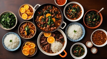 A vibrant assortment of dishes featuring hearty stews, fresh greens, sliced oranges, and steamed rice offers a delicious display of culinary variety