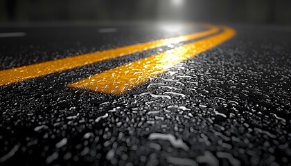 Wet asphalt road with yellow double lines.