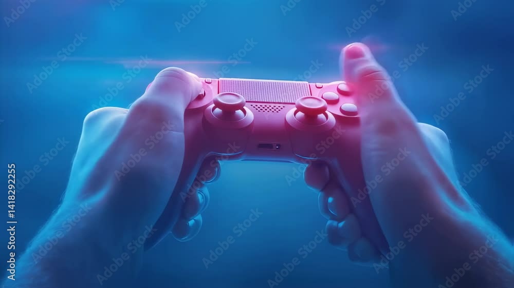Poster hands gripping pink video game controller against blue background. detailed controller buttons and t