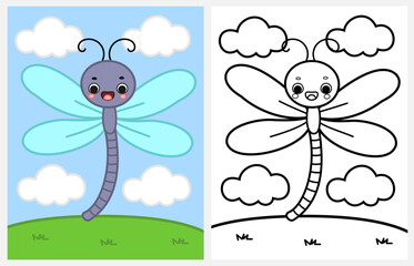 Cute flying cartoon dragonfly coloring page for kids, spring coloring page for kids