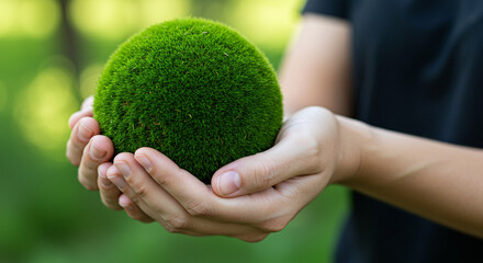Green Mossy Sphere with SAVE Wooden Blocks &ndash; Eco-Friendly Conservation Concept

