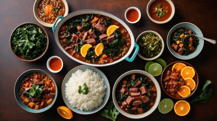 A vibrant assortment of dishes featuring hearty stews, fresh greens, sliced oranges, and steamed rice offers a delicious display of culinary variety