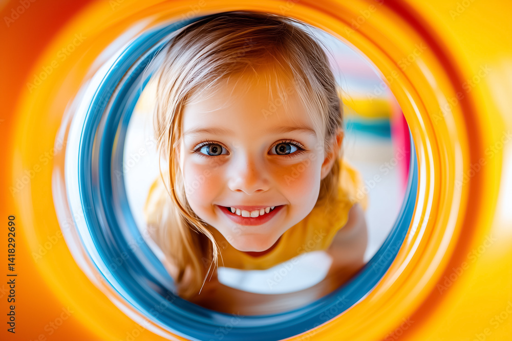 Poster child smiling through colorful tunnel in play area creating joyful and playful atmosphere for childr