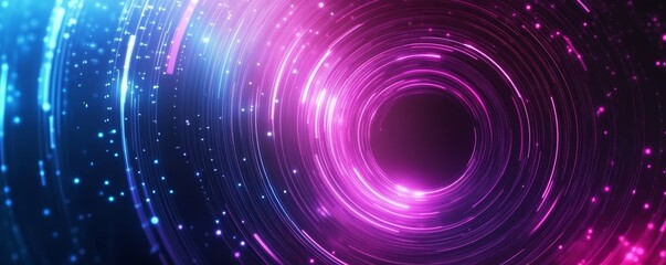 Dark abstract background with glowing circle lines. Geometric stripe line art design. Modern shiny purple blue gradient lines. Futuristic technology concept. Horizontal banner