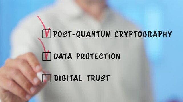 Experienced businessman selecting critical post quantum cryptography options on transparent digital screen, highlighting data protection and digital trust strategic choices
