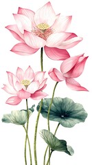 Delicate, pink lotus blossoms and leaves in artistic watercolor style.