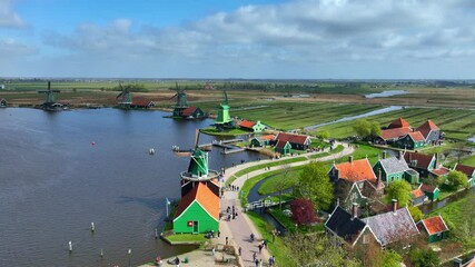 traditional windmills in Holland, dutch windmills in Zaanse Schans, tourist attraction in the Netherlands