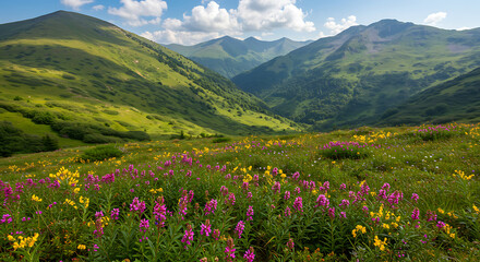 Blooming Mountain Meadow Landscape Scenic View Perfect for Nature and Travel Content