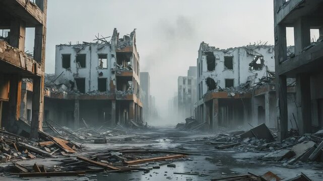 Cities ruined after war shown on background