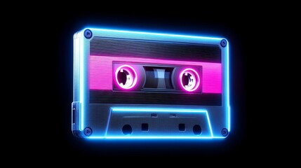 Fototapeta premium Neon Cassette: 90s Retro Audio Tape - Nostalgic 90s vibe, retro audio cassette, vibrant neon glow, music memories, vintage technology