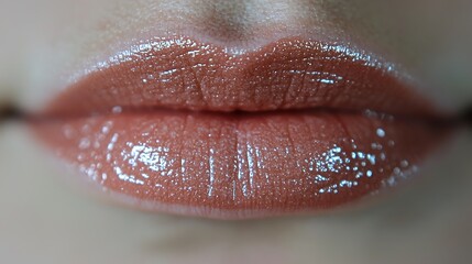 Obraz premium Close-up view of a woman's lips, coated with a glittery, light-brown lip gloss.