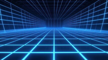 Futuristic blue neon grid on black background, abstract wireframe tunnel.