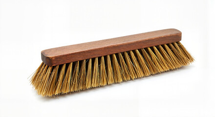 Wooden broom with bristles on a plain white background  