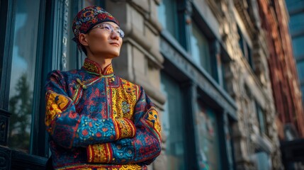Fototapeta premium Traditional cultural attire worn by man in urban city setting reflecting heritage and modernity