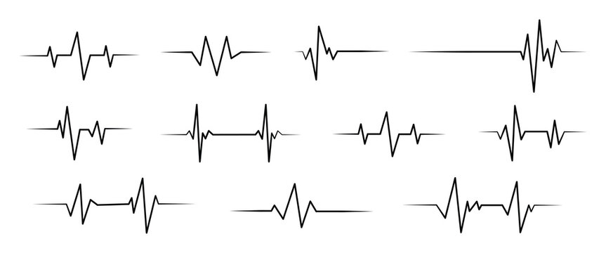 Heartbeat line collection with heart symbol, cardiology, medical pulse, ECG, EKG design, healthcare clipart vector illustration, health monitoring, digital heartbeat graphics