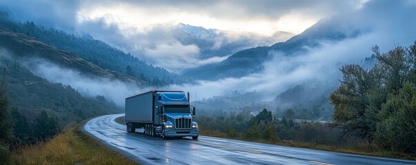 panoramic - truck driving through the mountains on a cloudy day