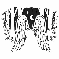 Fototapeta premium Beautiful angel wings wrapped in silver vines, glowing in a moonlit forest