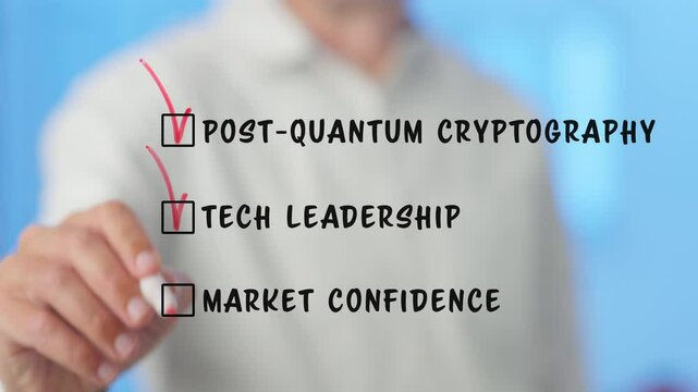 Professional businessman verifying strategic checkboxes representing post quantum cryptography, technology leadership, and market confidence while standing against clean white background