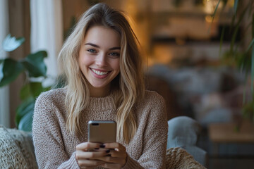 Young smiling pretty relaxed woman sitting on chair holding smartphone using cellphone modern technology, looking at mobile phone while remote working