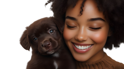 Smiling woman with chocolate puppy