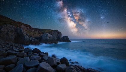 Milky Way shining above rocky coastline at twilight, cosmic beauty