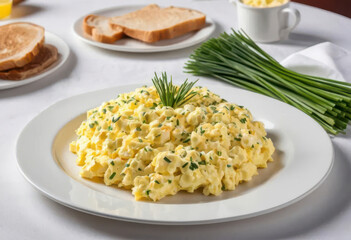 Creamy Scrambled Eggs with Fresh Chives on a White Plate