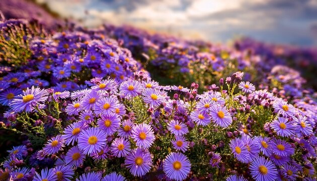 Lots of violet flowers of Michaelmas daisies in October
