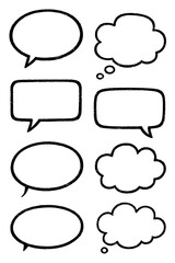 Minimalist black and white vector set of eight speech bubbles and thought bubbles in various shapes (oval, rectangle, cloud). Represents communication, conversation, thoughts, and simple graphic.