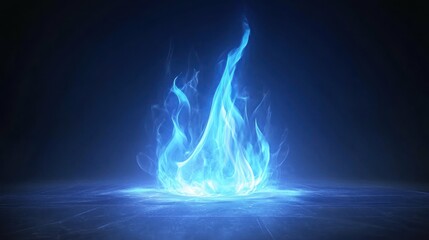 Mystical, bright blue flame with ethereal smoke on a dark, textured surface.