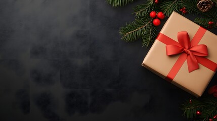 Holiday Gift with Festive Embellishments: A beautifully wrapped present, adorned with a vibrant red bow and surrounded by seasonal greenery, rests on a textured, dark background.