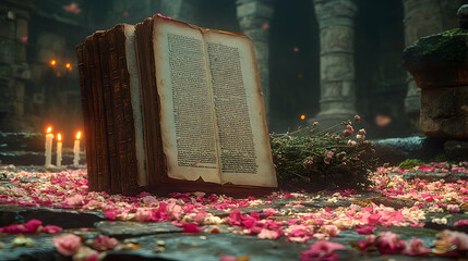 Ancient book lies open amidst pink petals and candles in mystical ruins.  A sense of mystery and forgotten lore pervades the scene.