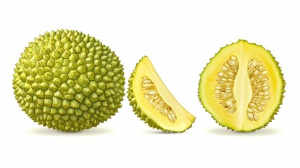 A jackfruit whole, sliced, and halved, isolated on a white background.