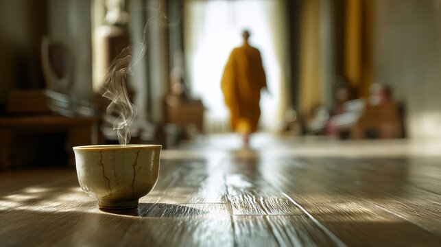 A cup of tea with a buddhist monk walking in the background