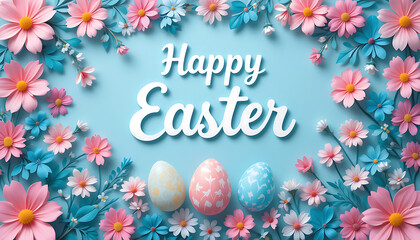 Happy Easter with pink Floral Decorations and pastel Eggs. whtie Happy Easter text. Easter greetings. idea for Easter cards, social media, greeting card, poster, brochure flyer. blue background