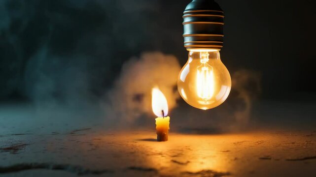 Candle burning close to a light bulb in total darkness during a blackout