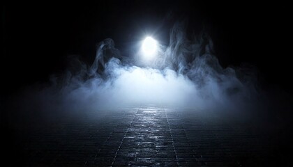 Fototapeta premium Abstract ambient light breaking through thick mist in black space