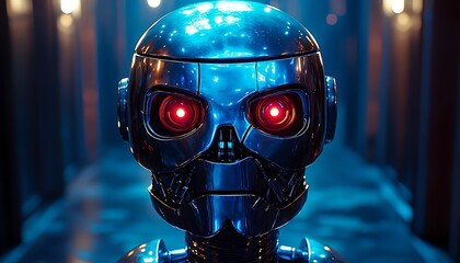 Metallic robot head, menacing and futuristic.