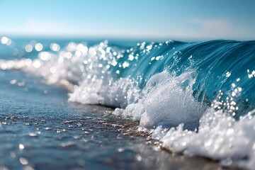 Ocean Wave Crashing on Shore - Close-up of a vibrant blue ocean wave breaking on a sandy beach, showcasing the texture of the water and foam