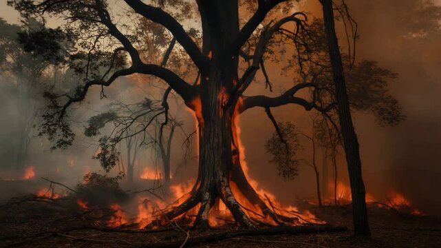 Forest fire with a burning tree