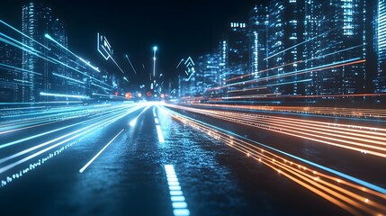 Vibrant fast moving beams of colorful light streaking through a sleek illuminated cityscape creating a sense of dynamic energy and technological progress
